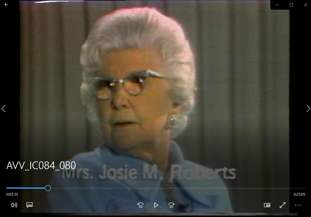 [Screenshot from "Interview with Josie M. Roberts," (1974). AVV-IC084-080, IC 084 TMC Historical Resources Project Records, McGovern Historical Center, TMC Library]