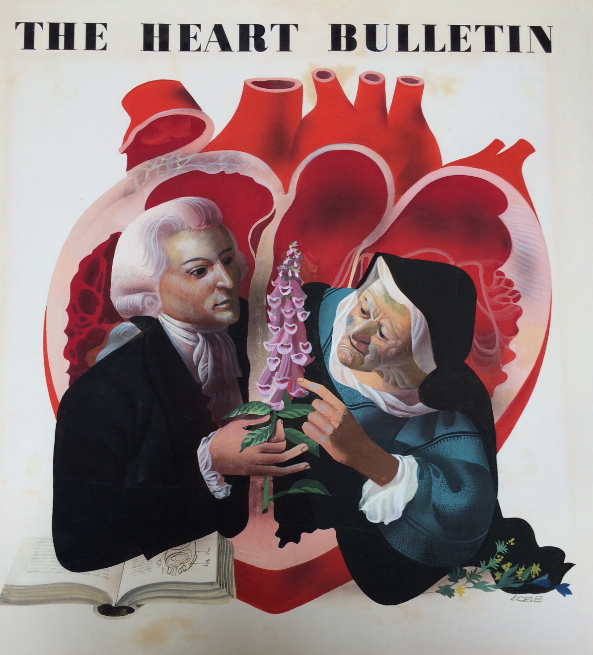 A painting of Dr. William Withering, and an herb-woman with a foxglove plant, used as the cover for the first issue of the Heart Bulletin journal published by the Medical Arts Publishing Foundation