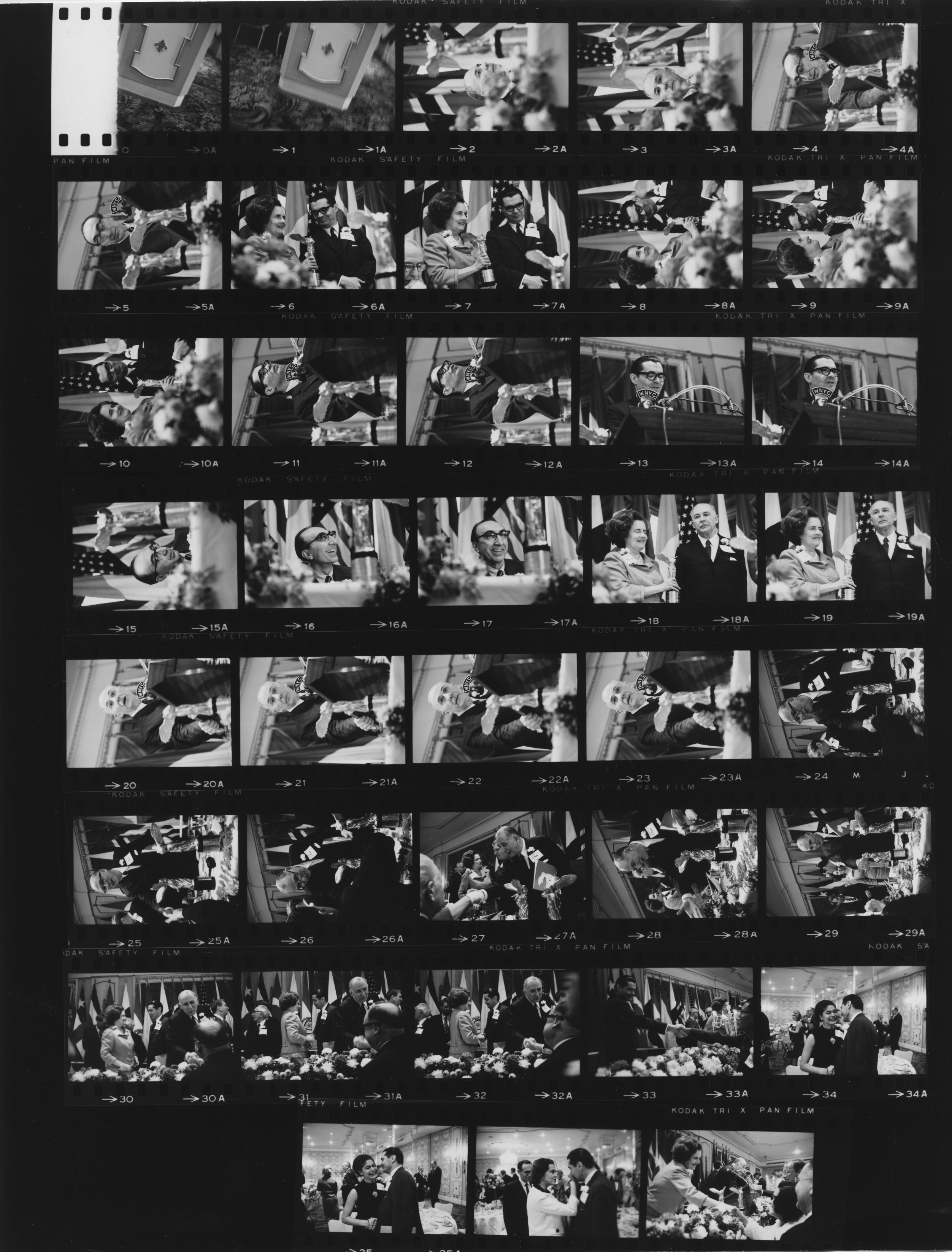 Contact Sheet from 1966 Lasker Awards. Individuals in the image include: Dr. Sidney Farber, Dr. Michael E. DeBakey, Mary Lasker, Dr. George E. Palade. Photographer, Mottke Weissman. [Medical World News Collection, McGovern Historical Center, IC077, Folder 21.9, negative# MW-250A-04]