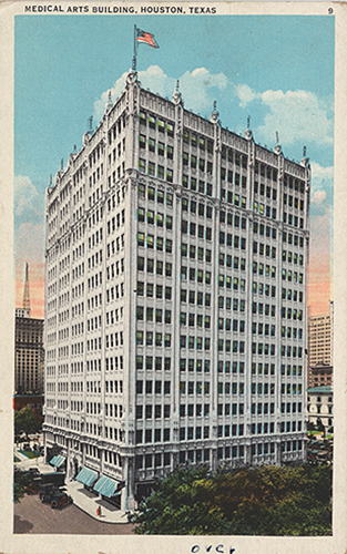 Postcard of Medical Arts Building around the time it opened in 1926. The Houston Academy of Medicine Library and Harris County Medical Society Meeting Room took half of the 16th floor (top floor). The building was occupied by Harris County Medical Society and Houston Dental Society members. [IC091, hou43, Texas Health Facilities Postcard Collection, McGovern Historical Center]