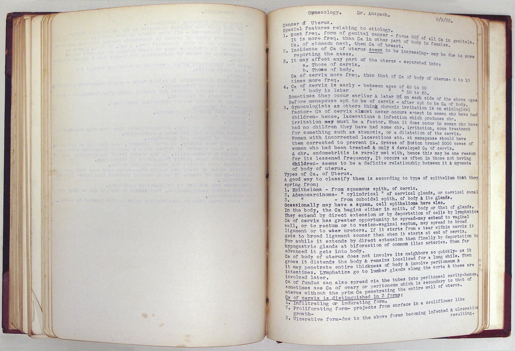 Page of notes about Cancer of Uterus, Feb. 9, 1932.