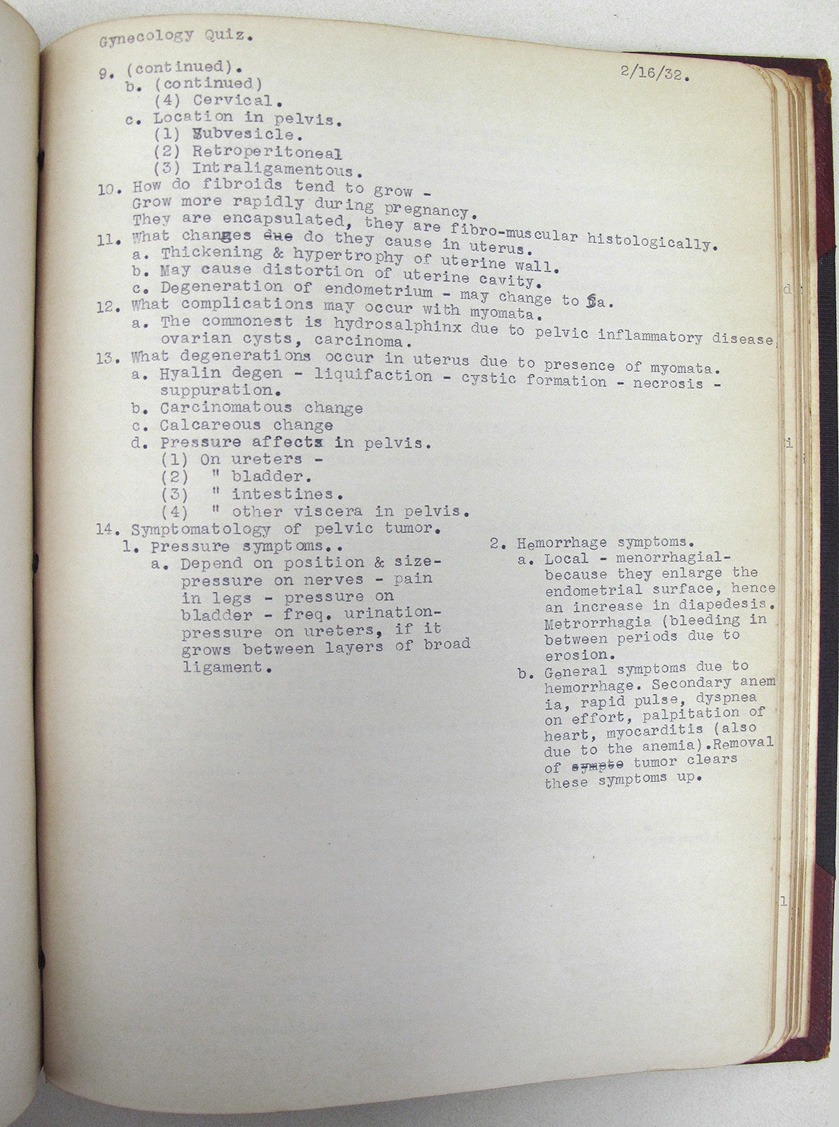 Gynecology Quiz from Dr. Wolf's medical school notes dated February 16, 1932.