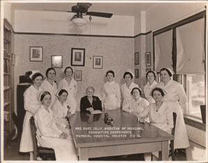 Mrs. Jolly consulting with the nursing supervisors at Memorial Hospital, 1936. Lillie Jolly was Director of Nursing at Memorial Hospital 1908-1947. In 1945 the nursing school was renamed in her honor, the Lillie Jolly School of Nursing. [Memorial Hospital Photograph Collection, McGovern Historical Center, Texas Medical Center Library, IC 103, IC103-P439]