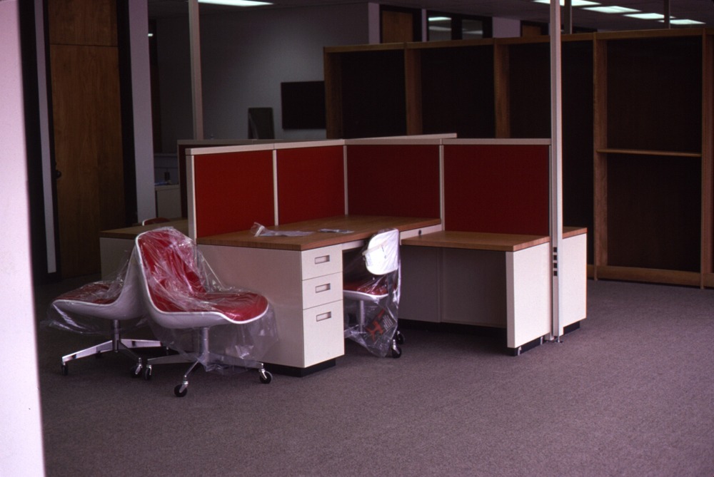 1975-library-interior-construction-techservices-redchair