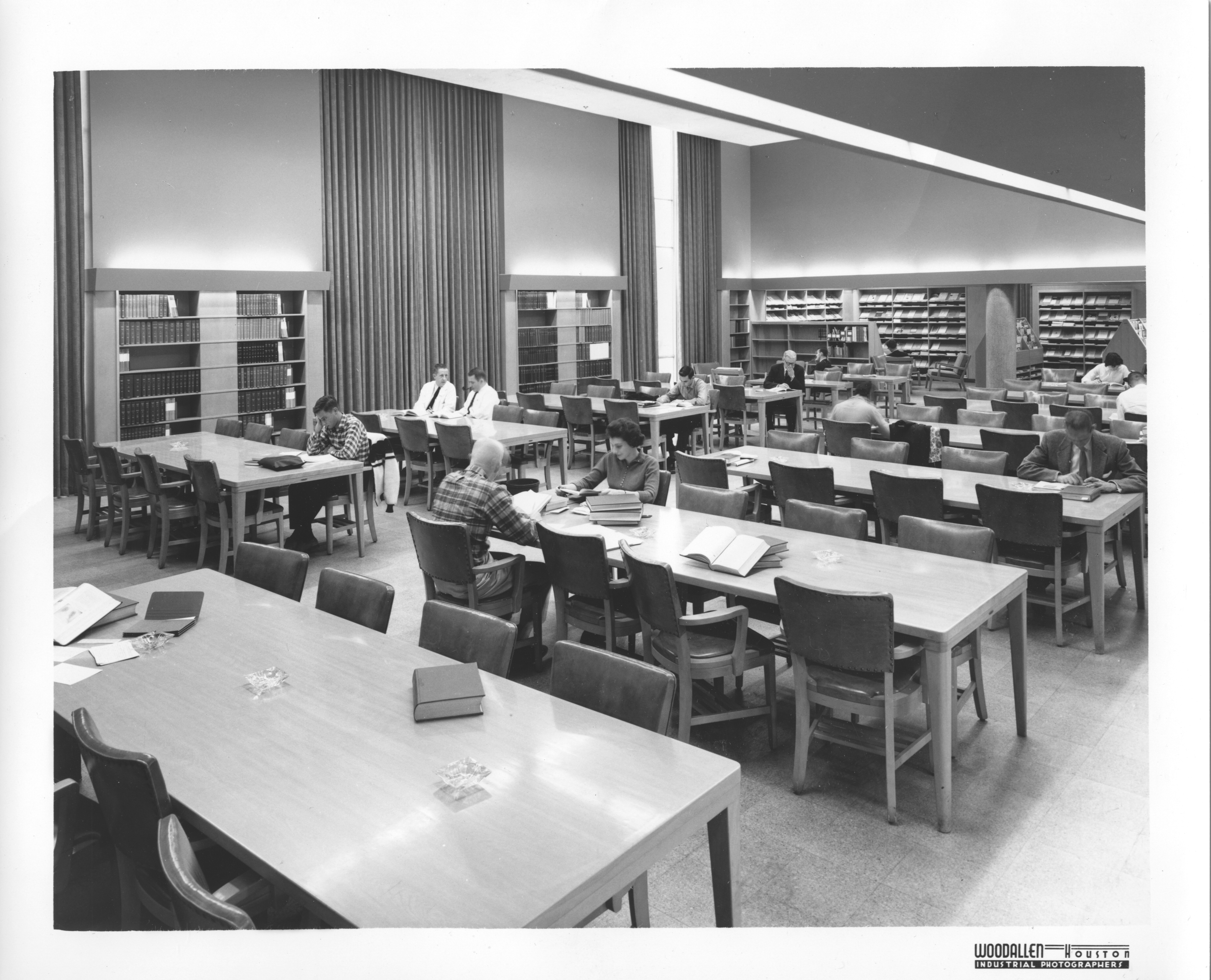 Reading Room, 1961. The tables in the reading room are still used in the staff areas of the library, two of which are cherished processing tables in the archive. IC001 HAM-TMC Library records (OV 100), IC098 HAM-TMC Library Historical Photograph Collection (P-3359, OV 93), McGovern Historical Center