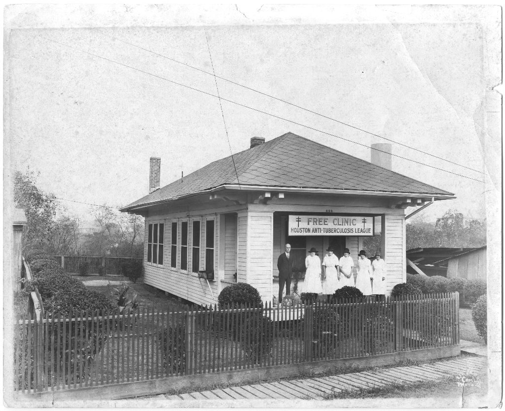 This little bungalow at 806 Bagby St first opened in 1913 as the Free Clinic for the Houston Anti-Tuberculosis League. The organization had a clinic or offices there until 1957 when they moved to a new building on Dallas Avenue. [IC 034 San Jacinto Lung Association records, Box 5, P-921, McGovern Historical Center, Texas Medical Center Library.]
