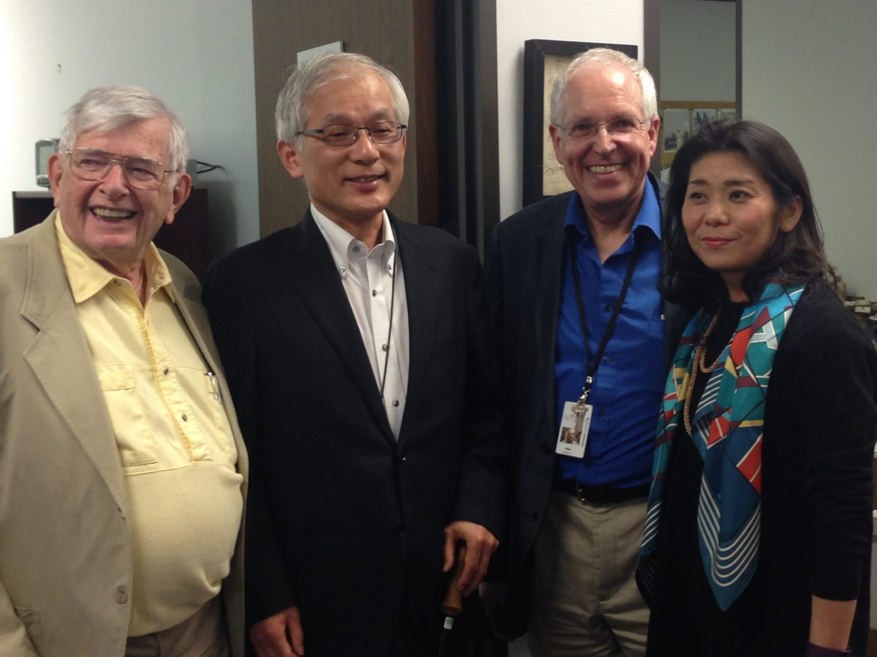 Left to right, William J. Schull, Ph.D., professor emeritus of genetics and epidemiology at the School of Public Health at The University of Texas Health Science Center at Houston; Masahito Ando, Ph.D., a professor of archival science at Gakushuin University in Tokyo, Japan; Philip Montgomery, MLIS, CA, head of the TMC Library's McGovern Historical Center; and archivist and historian Kaori Maekawa. (Credit: Maggie Galehouse, TMC News)