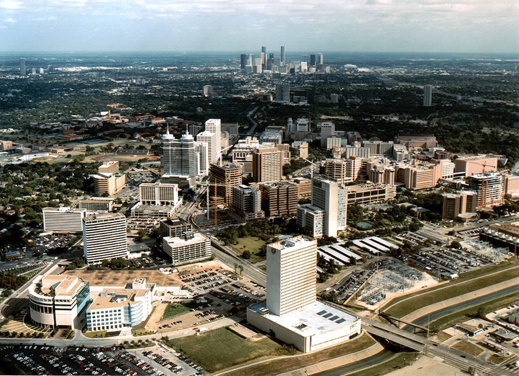 Aerial photograph of Texas Medical Center facing north toward downtown Houston, 2000.