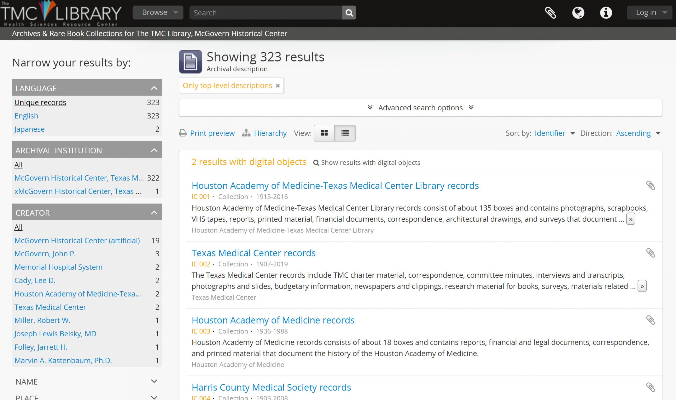 Image of The TMC Library, McGovern Historical Center’s collection search website list of collections.