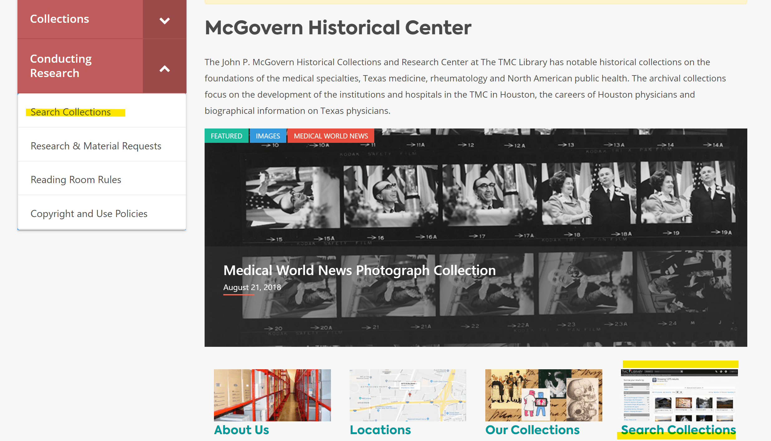 Image of main McGovern Historical Center website homepage highlighting links to collection search site.