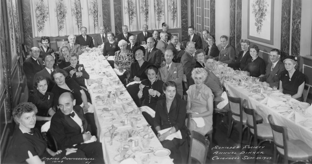 Photograph. Schilder Society, Annual Dinner, 1949. Dr. Hilde Bruch is pictured third on the right along the wall. [McGovern Historical Center, MS 007 Hilde Bruch, MD papers, MS007-OV225-003]