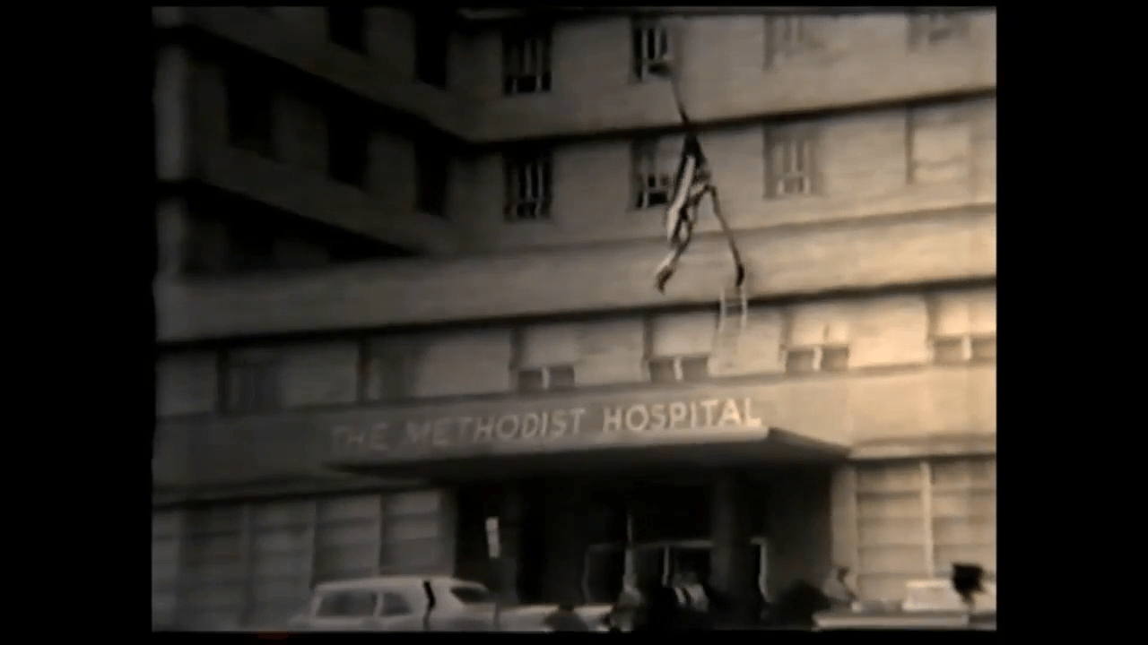 The Methodist Hospital. [Screenshot from "Help Wanted" (1958), AVF.MS238.001, MS 238 Films on Mental Health provided by Bill Schnapp, McGovern Historical Center, Texas Medical Center Library]