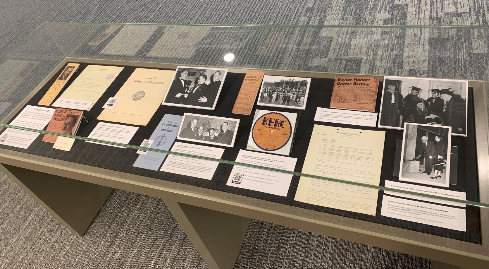 The first case in the exhibit features archival materials highlighting Dr. Bertner's professional contributions to the Texas Medical Center. 