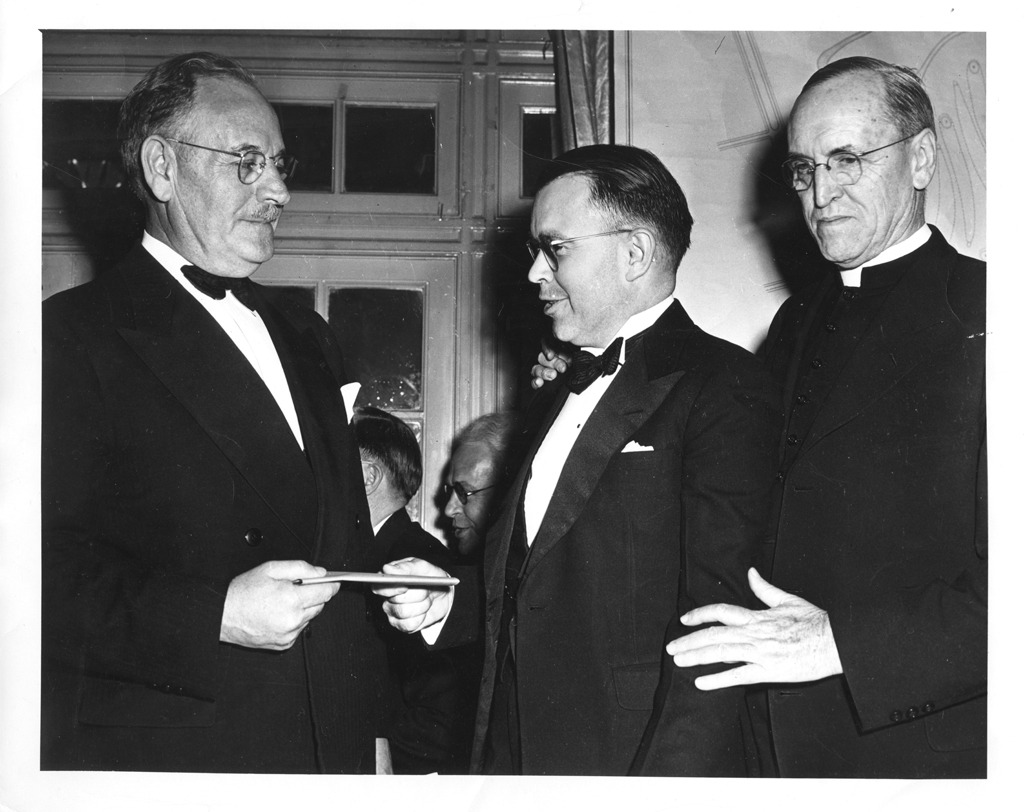 E. W. Bertner, Leland Anderson, and Bishop Quinn at the TMC Dedicatory Dinner