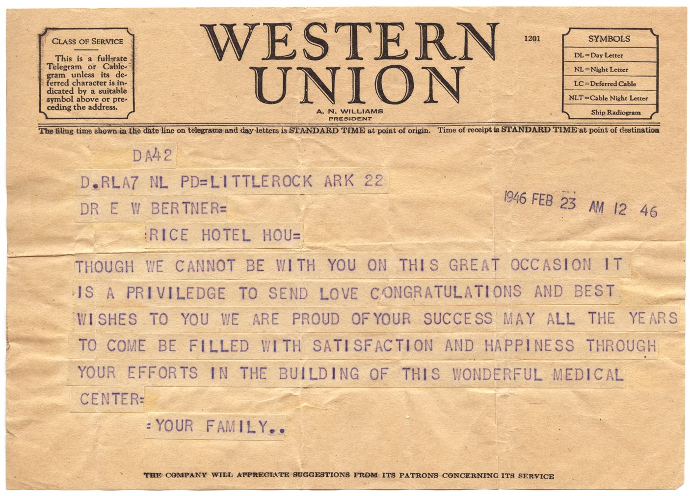 Telegram to E. W. Bertner from his family congratulating him on the establishment of the Texas Medical Center, February 23, 1946. 