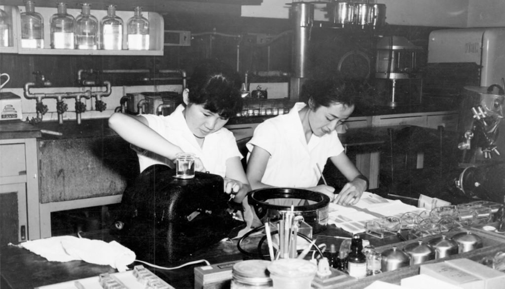 Two women working in the Atomic Bomb Casualty Commission Histology laboratory., 1960. IC099-p5063-001c, IC 099 Atomic Bomb Casualty Commission Photograph Collection, McGovern Historical Center, TMC Library.