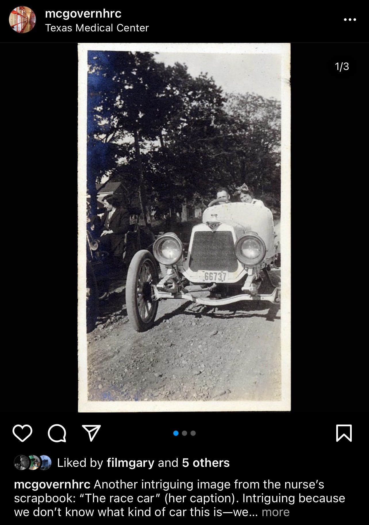 Screenshot of mcgovernhrc Instagram post. Another intriguing image from the nurse’s scrapbook: “The race car” (her caption). Intriguing because we don’t know what kind of car this is—we crowdsourced it to several vintage auto groups and the best guess is that it’s a race-modified Lozier. Lozier was an ultraluxury—they could cost three times as much as a Cadillac—brand manufactured in Detroit between 1900 and 1915. This car seems to have a 1914 Michigan plate. Lozier won a close and disputed second place in the first Indianapolis 500 in 1911. This car appears to have no actual body, which would make sense in a race car of the time. We desperately wish she had left a note explaining the context! [@mcgovernhrc IC 022 Memorial Hospital records]