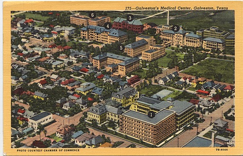 Galveston's Medical Center, 1952. [IC091-galv_17, IC 091 Texas Healthcare Facilities Postcards, McGovern Historical Center, TMC Library]