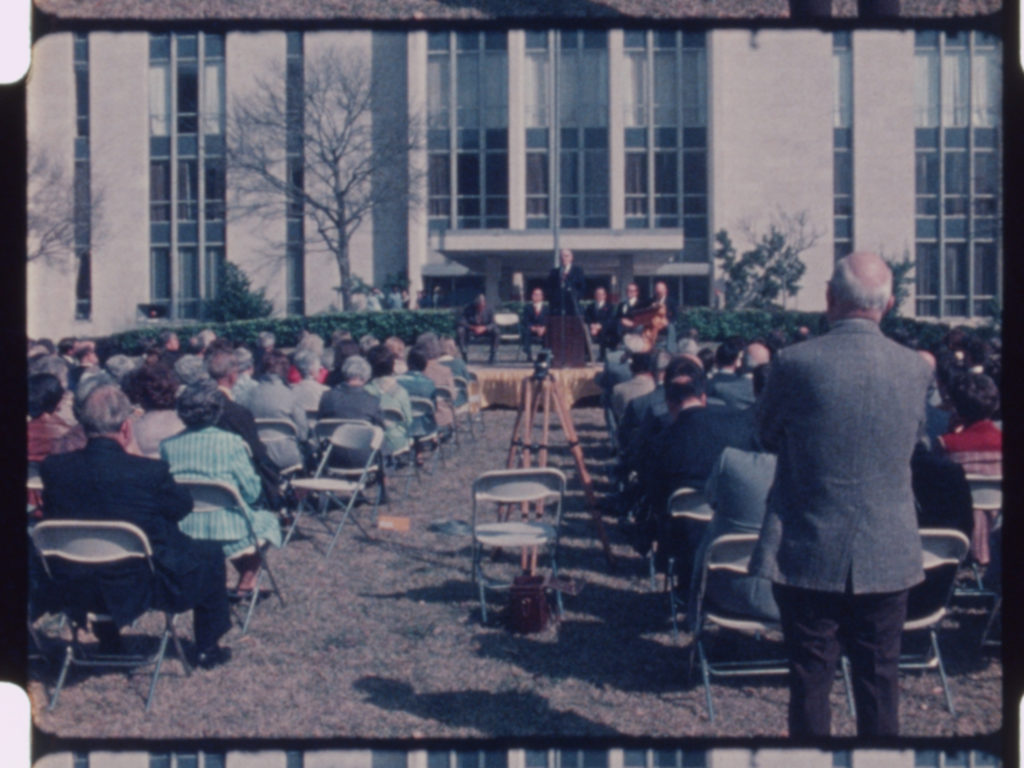 Dedication of the Jesse Jones Library Expansion, May 25, 1973. Single frame from film reel, AVF.IC002.005_0003667, McGovern Historical Center, Texas Medical Center Library