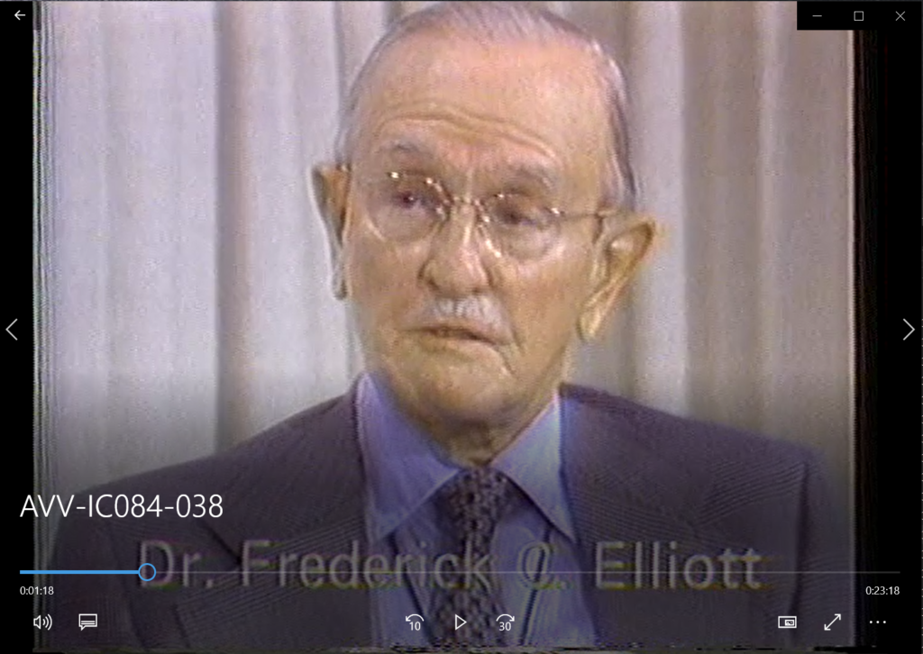 [Screenshot from "Interview with Frederick Elliott," (1973). AVV-IC084-038, IC 084 TMC Historical Resources Project Records, McGovern Historical Center, TMC Library]