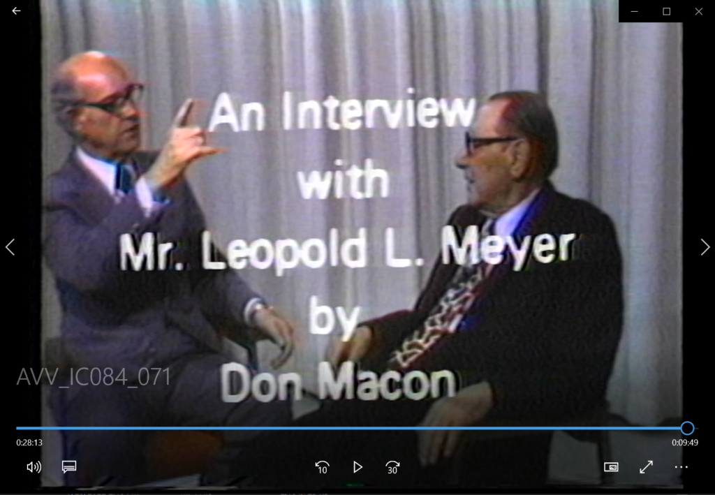 [Screenshot from "Interview with Leopold L. Meyer," (1973). AVV-IC084-071, IC 084 TMC Historical Resources Project Records, McGovern Historical Center, TMC Library]