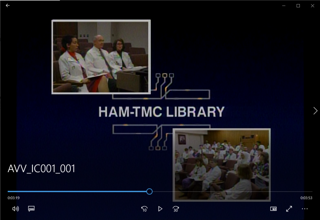 [Screenshot from "The Houston Academy of Medicine - Texas Medical Center Library Meeting the Challenge," (1997). AVV_IC001_001, IC 001 TMC Library Records, McGovern Historical Center, TMC Library]