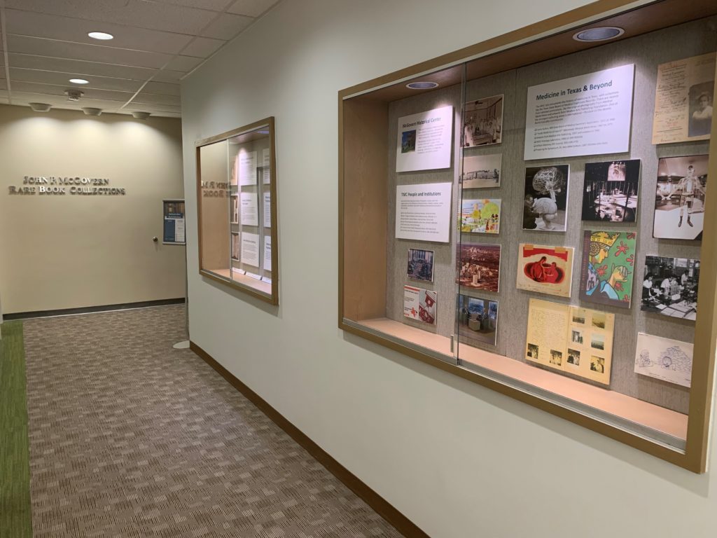 Rare Books Room Corridor at the TMC Library with New Exhibit Featuring McGovern Historical Center Collections