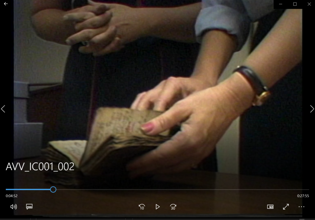 [Screenshot from “Channel 10 Midday Stories: Jones Library Features, Rare Book Collection” (1980s). Reporter Betty Holmes and Archivist Beth White inspect a book from the Burbank-Fraser Rare Book Collection on Arthritis, Rheumatism, and Gout. AVV-IC001-002, IC 001 Houston Academy of Medicine-Texas Medical Center Library records, McGovern Historical Center, TMC Library]