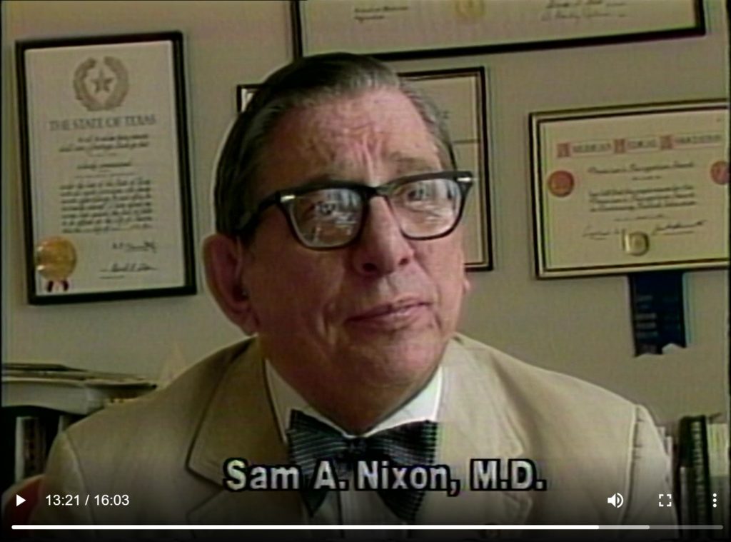 [Screenshot from "AIDS: Protect Yourself!" (approximately 1988). Sam A. Nixon, MD discussing AIDS prevention. AVV-IC004-001, IC 004 Harris County Medical Society records, McGovern Historical Center, TMC Library]