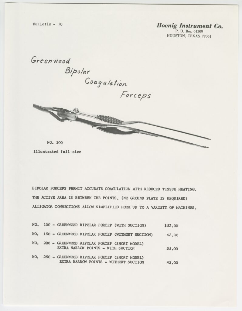 [Bulletin for Greenwood Bipolar Forceps, circa 1960-1970. MS029-b3f24-001, MS 029 James Greenwood Sr. and Jr., MDs papers, McGovern Historical Center, TMC Library]