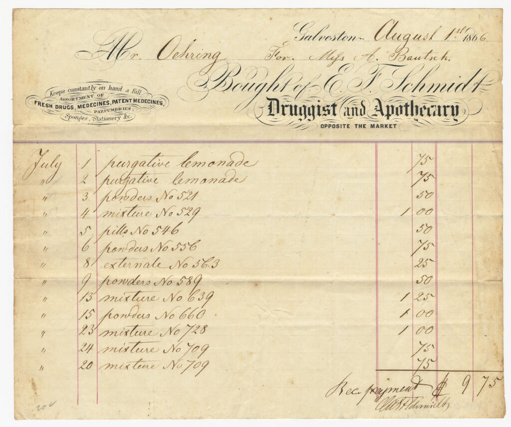 Receipt for drugs, medications bought and paid for by Mr. Oehring from E.F. Schmidt, druggist and apothecary, 1866. [MS021 John P. McGovern MD Collection of Texas Historical Medical Documents, box 2, folder 14, McGovern Historical Center, Texas Medical Center Library.]