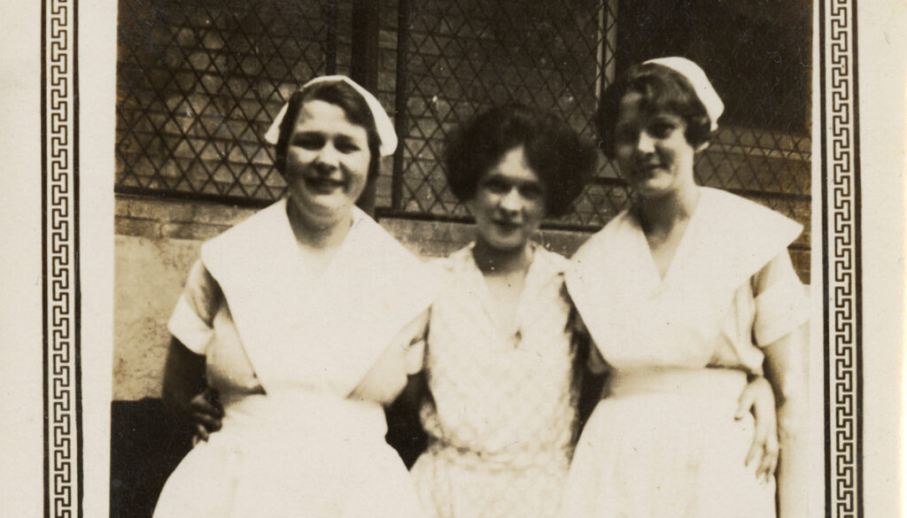 [Black-and-white photograph of Lucile Baird standing between two nurses, 1927. MS247-11, MS 249 Lucile Baird papers, McGovern Historical Center, Texas Medical Center Library]