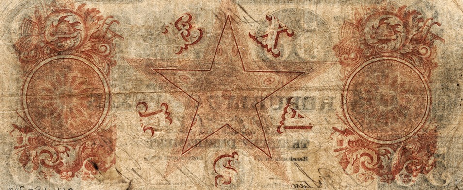 Texas Redback bank note (verso), c. 1839. MS 021 John P. McGovern, MD Collection of Historical Medical Documents, Box 2, Folder 28.
