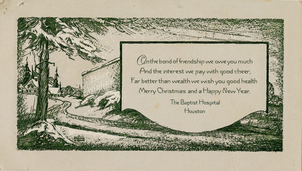 Baptist Hospital Christmas Card, 1928. MS249-14, MS 249 Lucile Baird papers, McGovern Historical Center, Texas Medical Center Library