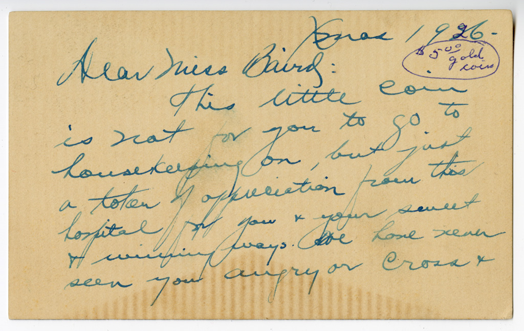 Handwritten Christmas card from Mr. and Mrs. Jolly to Lucile Baird, 1926, MS249-16, Lucille Baird papers, McGovern Historical Center, Texas Medical Center Library