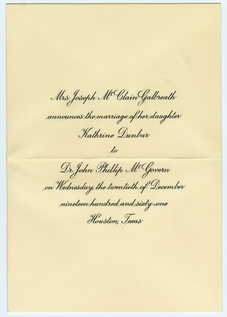 Kathy and John McGovern's wedding announcement, 1961. (MS 115 Dr. John P. McGovern Papers, Box 3 Folder 5.)
