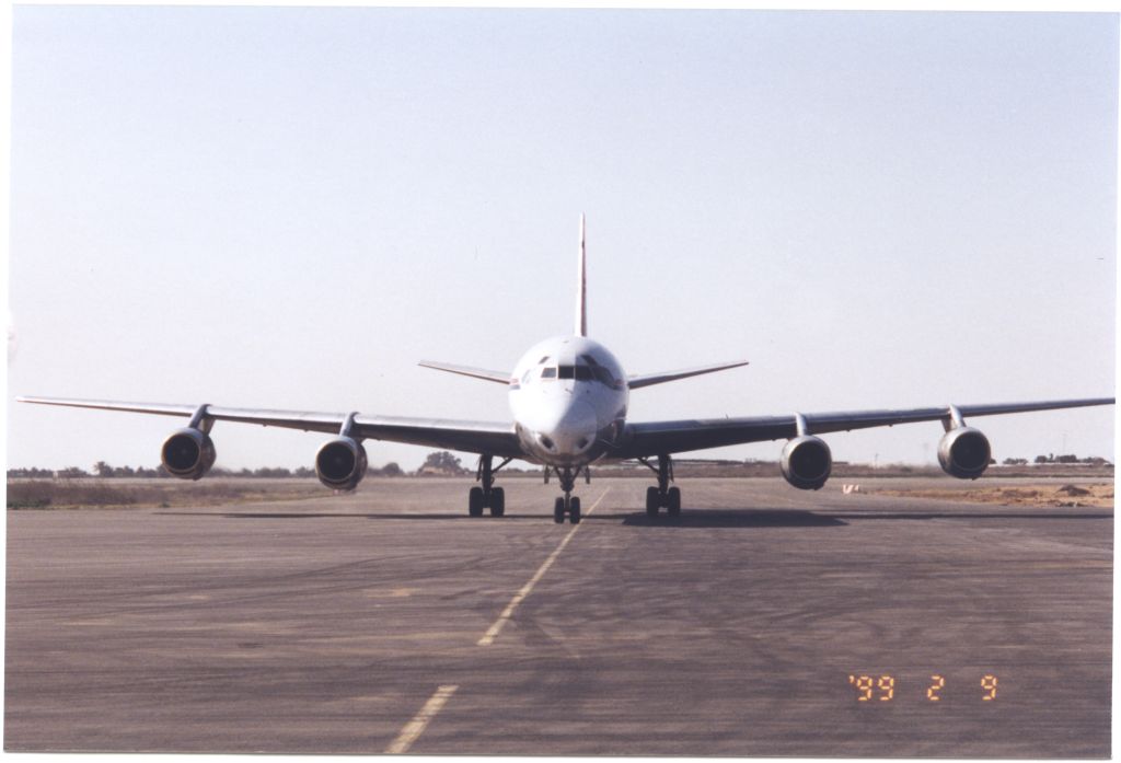 Cargo plane carrying medical supplies arrives at Yasser Arafat International Airport in Gaza on February 9, 1999. It was the only cargo plane to ever land at the airport, which operated 1998-2000. [IC 105 Texas Hadassah Medical Research Foundation records, McGovern Historical Center, TMC Library, IC105-016]
