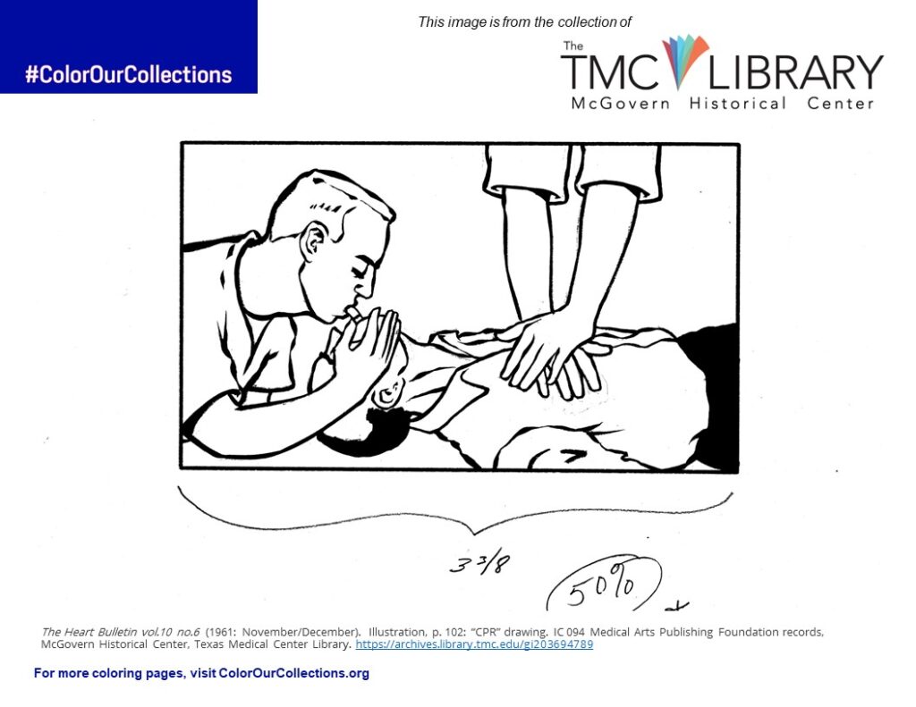 The Heart Bulletin vol.10 no.6 (1961: November/December). Illustration, p. 102: “CPR” drawing. IC 094 Medical Arts Publishing Foundation records, McGovern Historical Center, Texas Medical Center Library. https://archives.library.tmc.edu/gi203694789