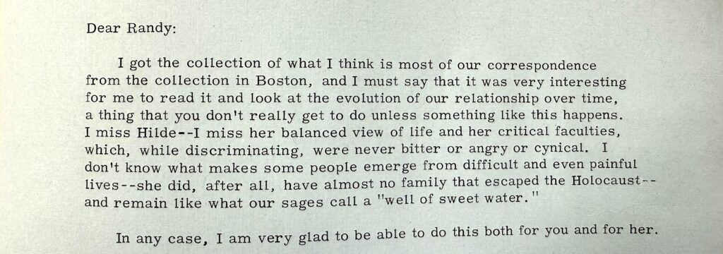 Typescript letter from Joanne Greenberg to TMC Archivist Randy Sparks.