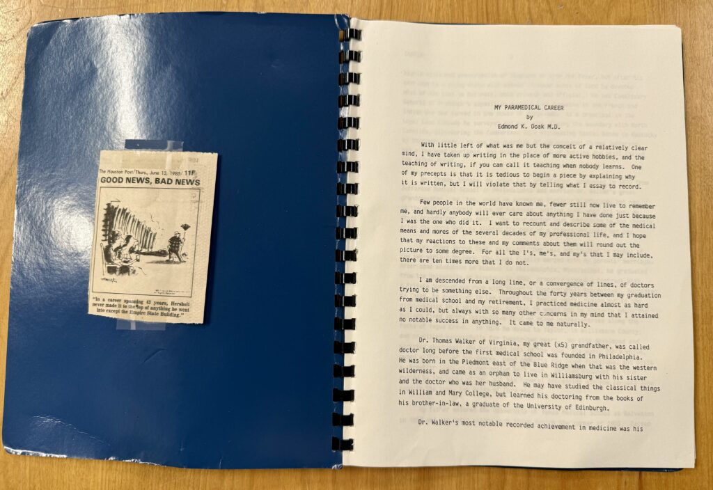 Typescript of Edmond Doak's family history and autobiography bound with a comic from the Houston Post dated June 13, 1985. [ms049_b1f1]