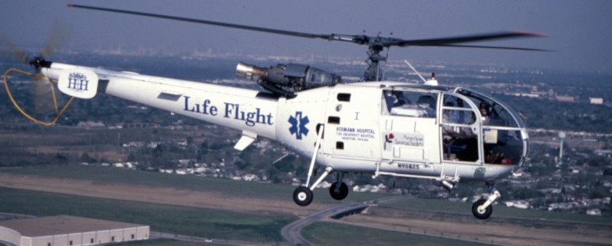 Life Flight helicopter flying over the Texas Medical Center