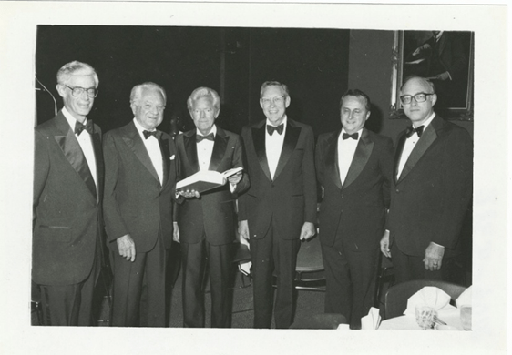 Dr. John P. McGovern (third from left) pictured with colleagues Charles A. LeMaistre, Leon Jaworski, Jack K. Williams, Dr. Roger Bulger, and Dr. William T. Butler during the 1981 Appreciations Dinner hosted by the Texas Medical Center. (McGovern Historical Center, MS 115 John P. McGovern, MD Papers)