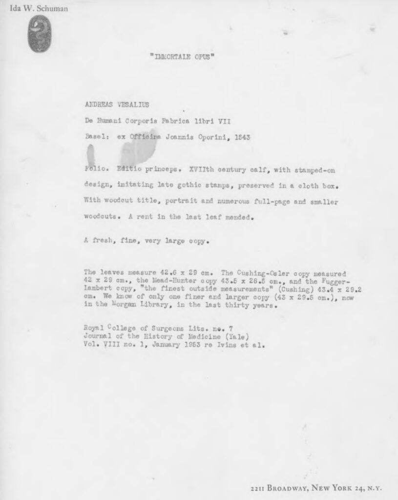 Provenance Document for De Humani Corporis Fabrica Libri Septem