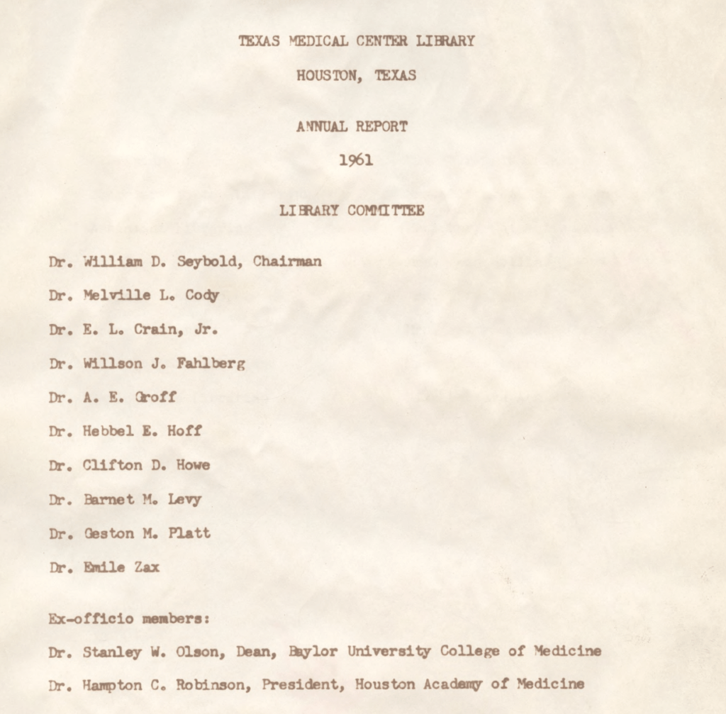 Texas Medical Center Library Annual Report 1961