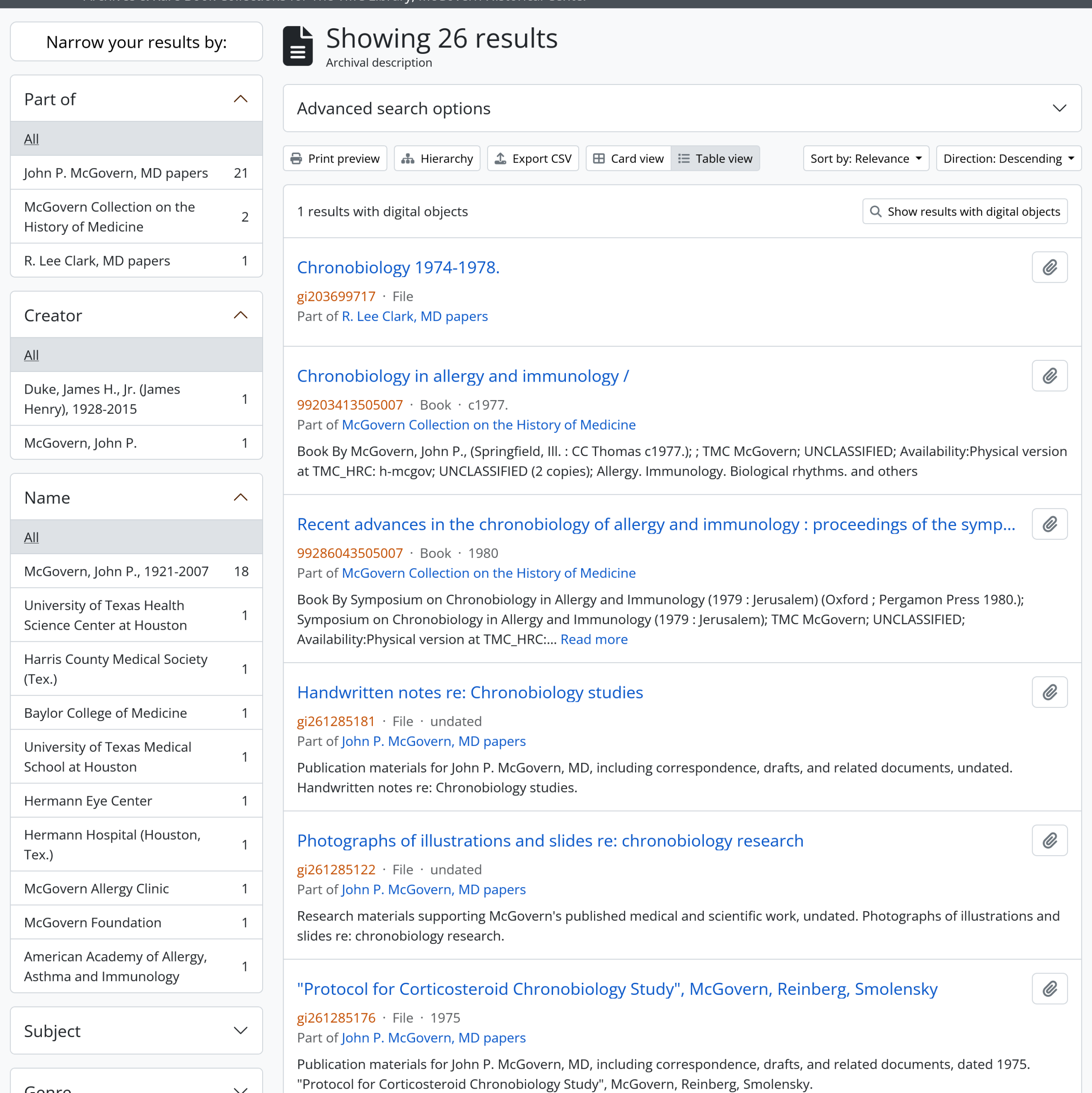 Screenshot of "chronobiology" keyword search results on AtoM, generated June 29, 2026. 