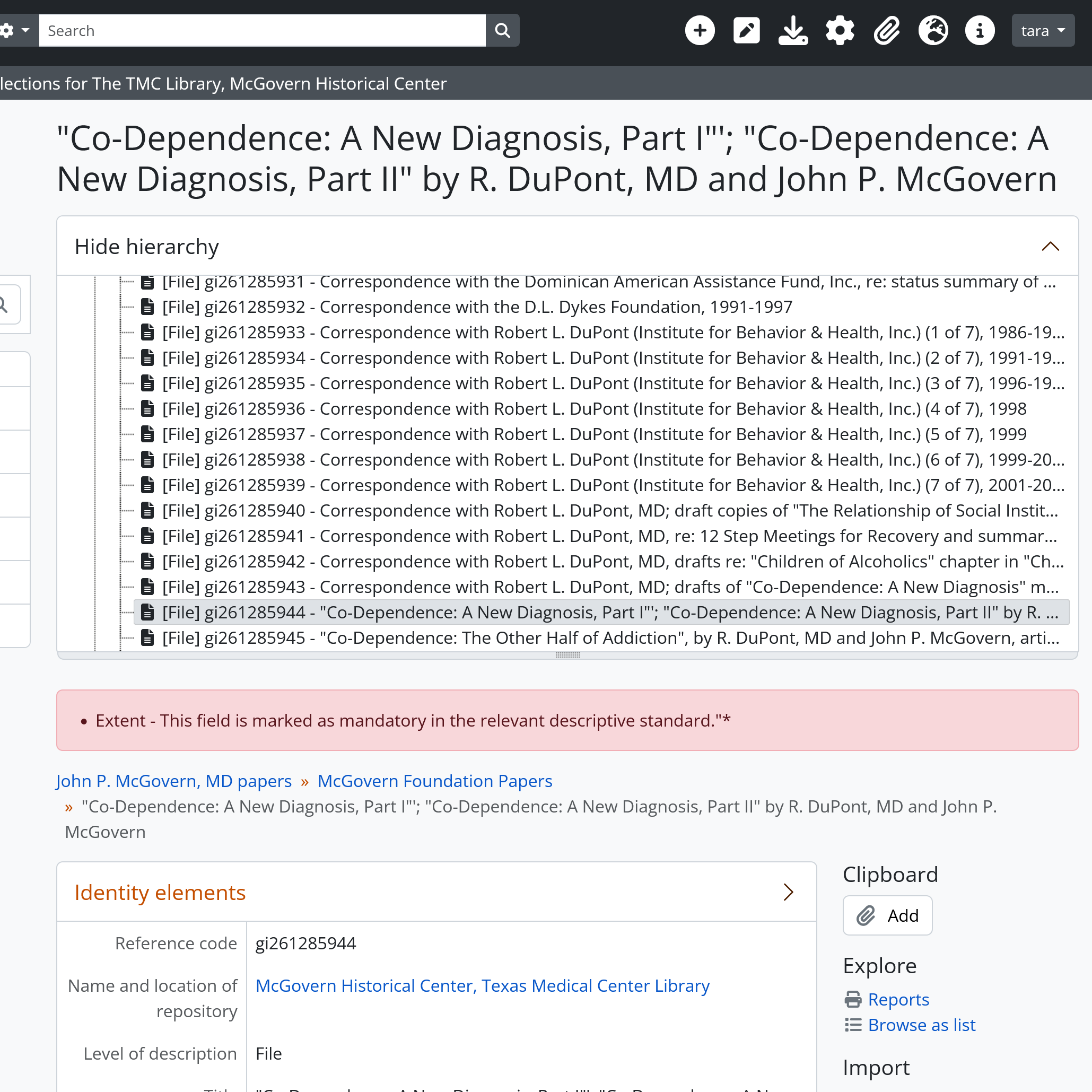 Screenshot on AtoM depicting what a search for "co-dependence" yields within the MS115 McGovern Papers collection, generated June 29, 2026.