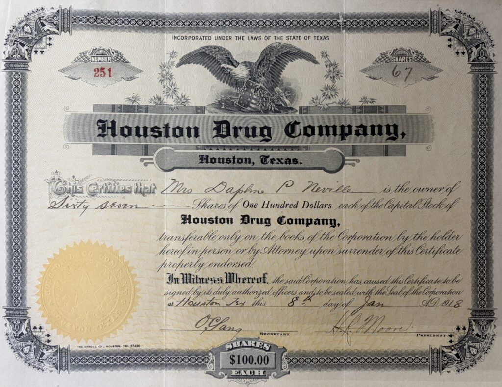 Stock Certificate Houston Drug Company