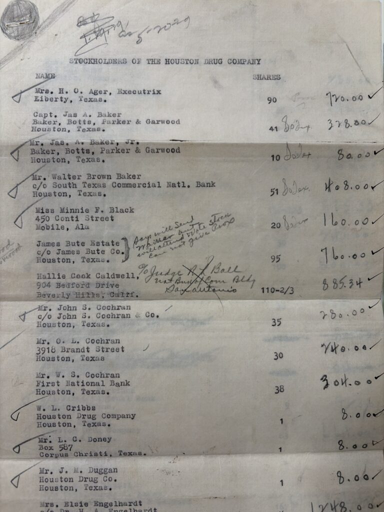 List of Stockholders Houston Drug Company