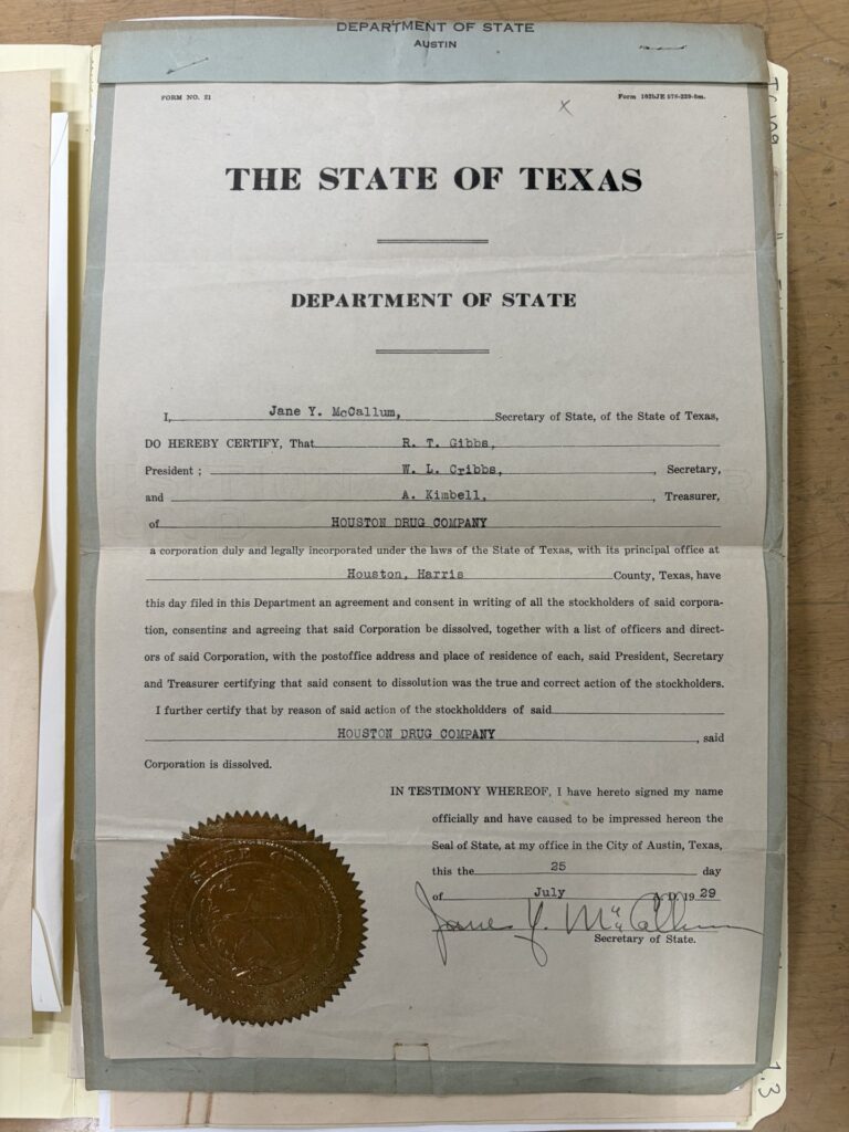 Texas State Department Certificate