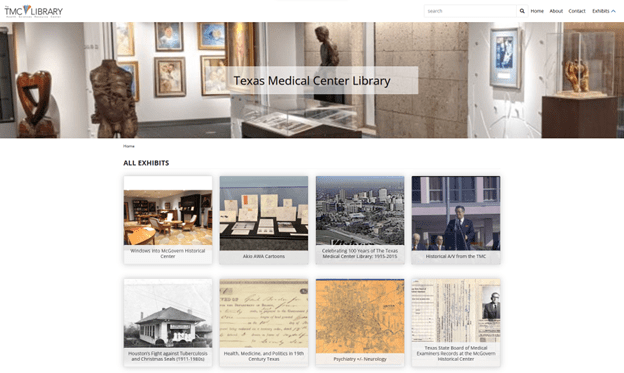Digital Commons exhibits, ranging from history of The TMC Library, historical A/V and other topics.